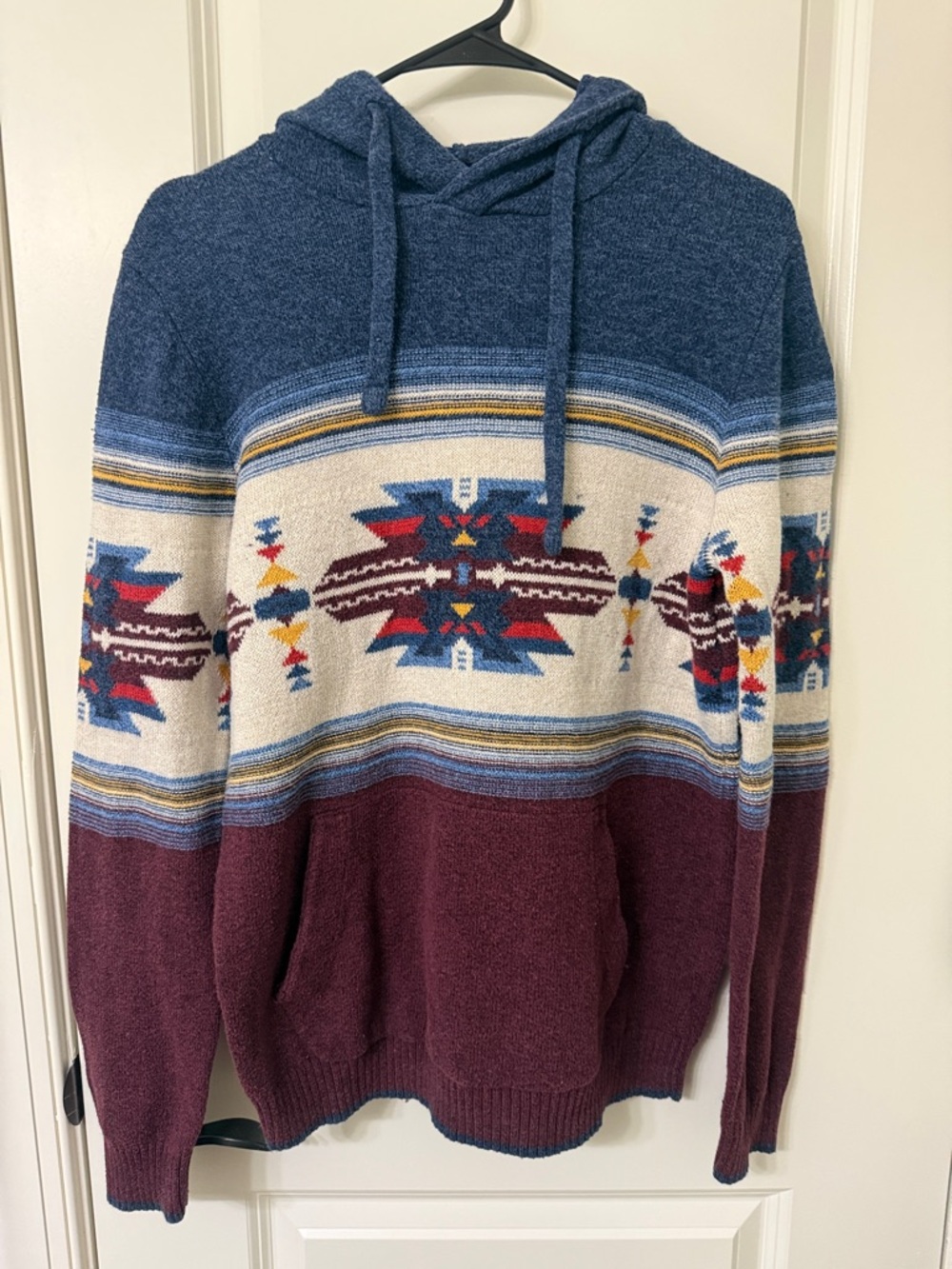 Men's Crewneck Hooded Aztec Knit Sweater - Blue, Cream & Burgundy